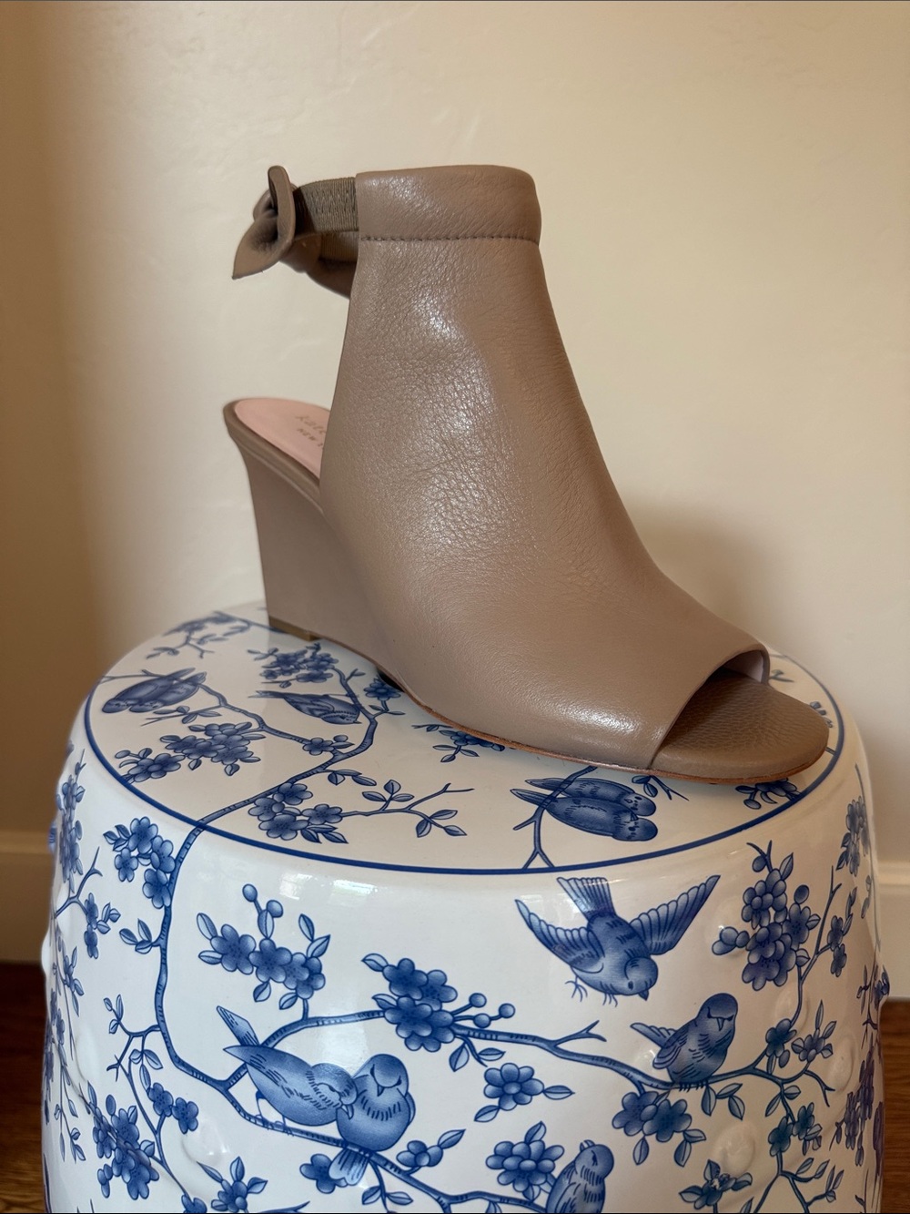 kate spade Taupe Leather Peep-Toe Wedge with Ankle Strap